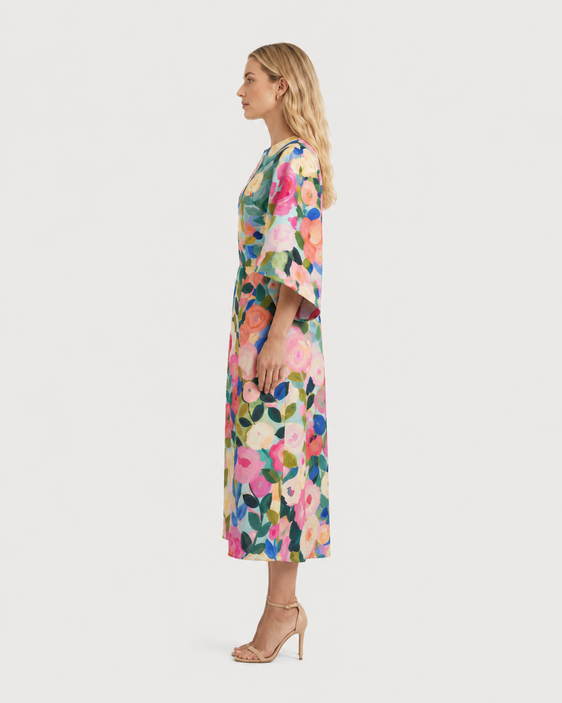 Maya Printed Wide-Sleeve Shift Midi Dress