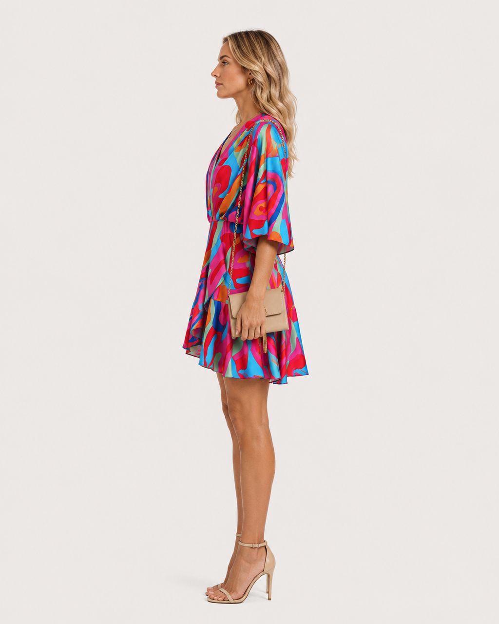 Chloe Printed Batwing V-Neck Mini Dress