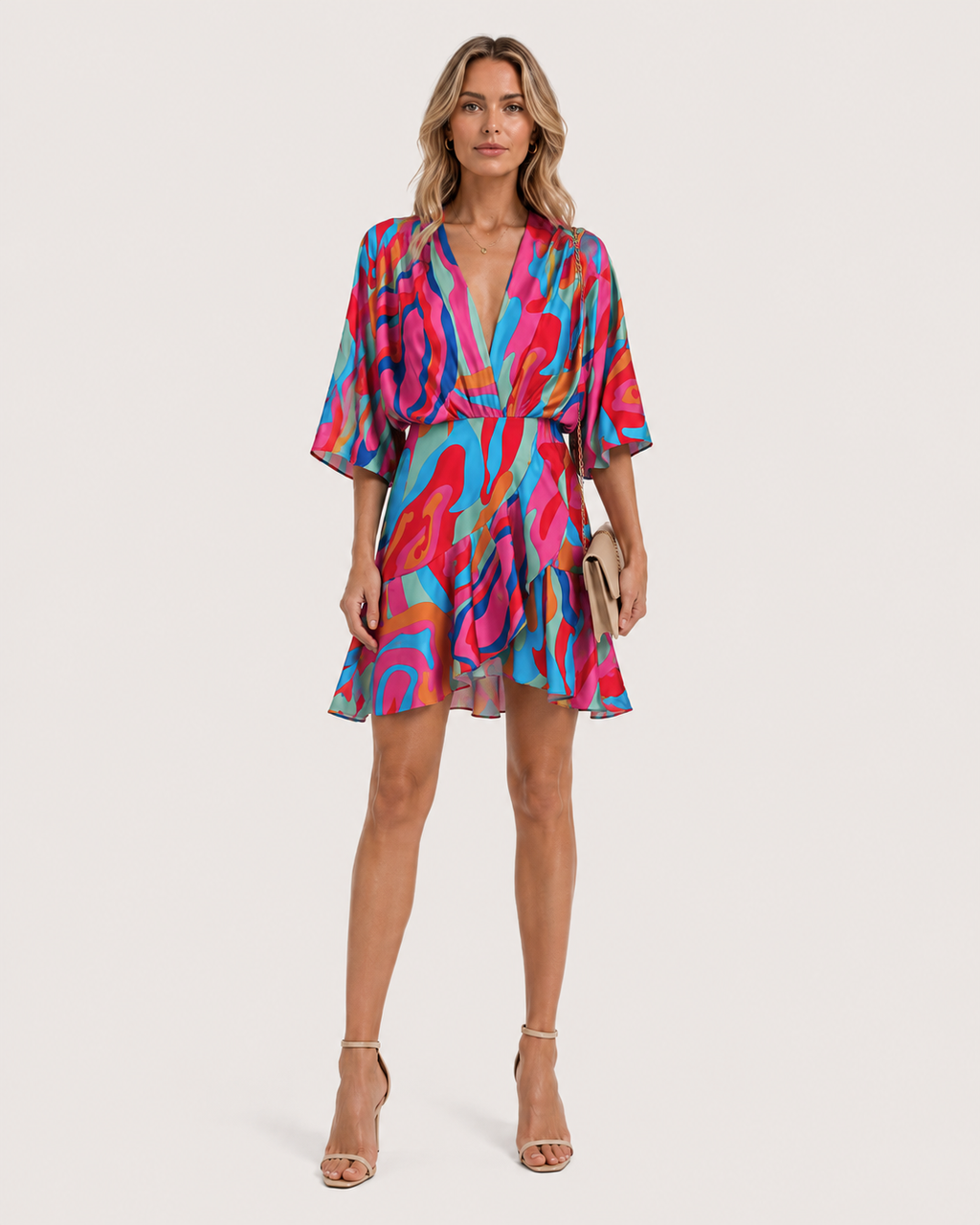 Chloe Printed Batwing V-Neck Mini Dress
