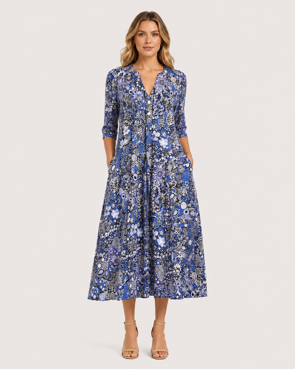 Hannah Printed Three-Quarter Sleeve Midi Dress