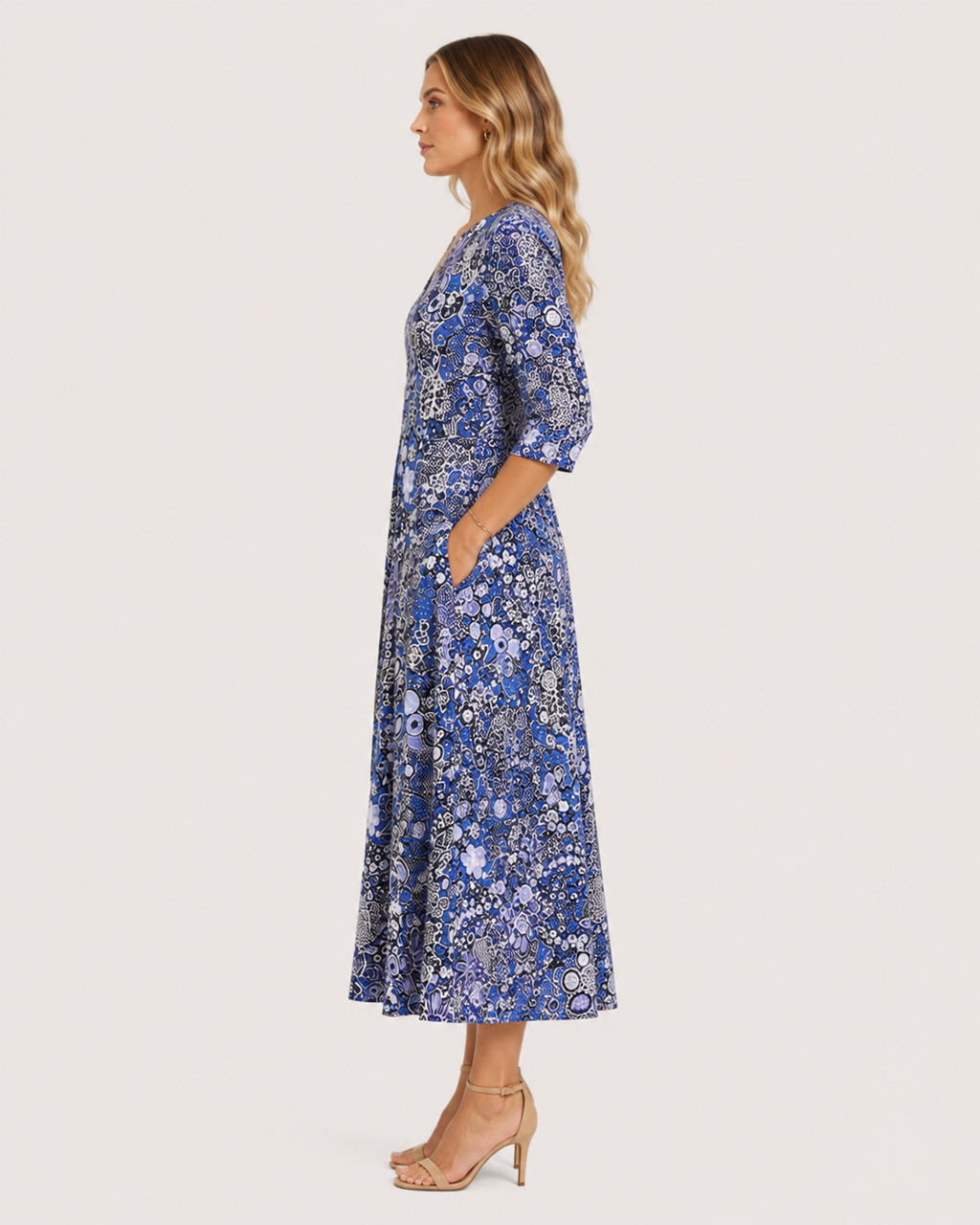 Hannah Printed Three-Quarter Sleeve Midi Dress