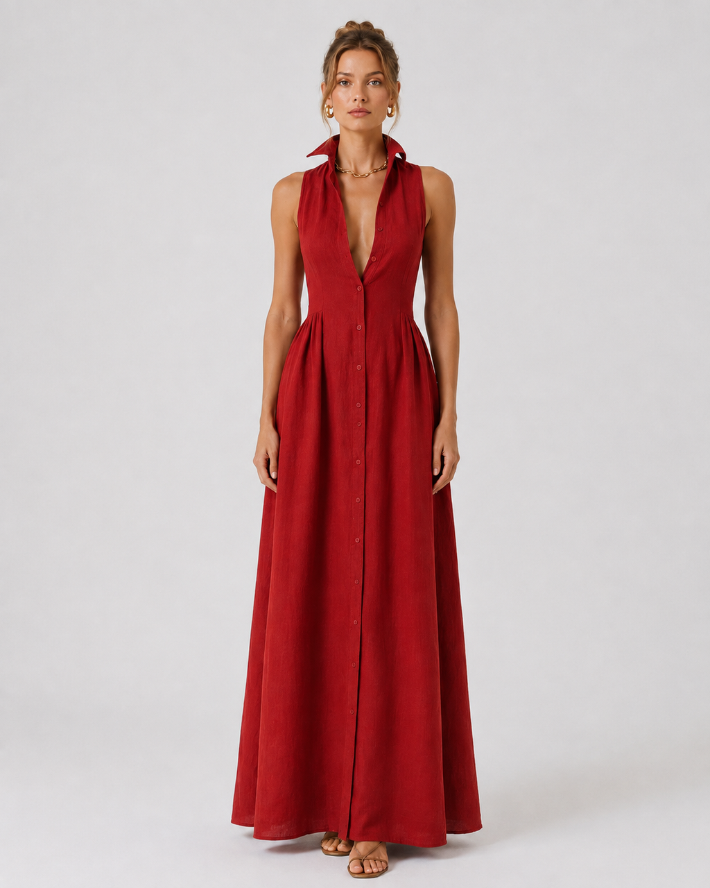 Celeste Women's Sleeveless Collared Linen Maxi Shirt Dress