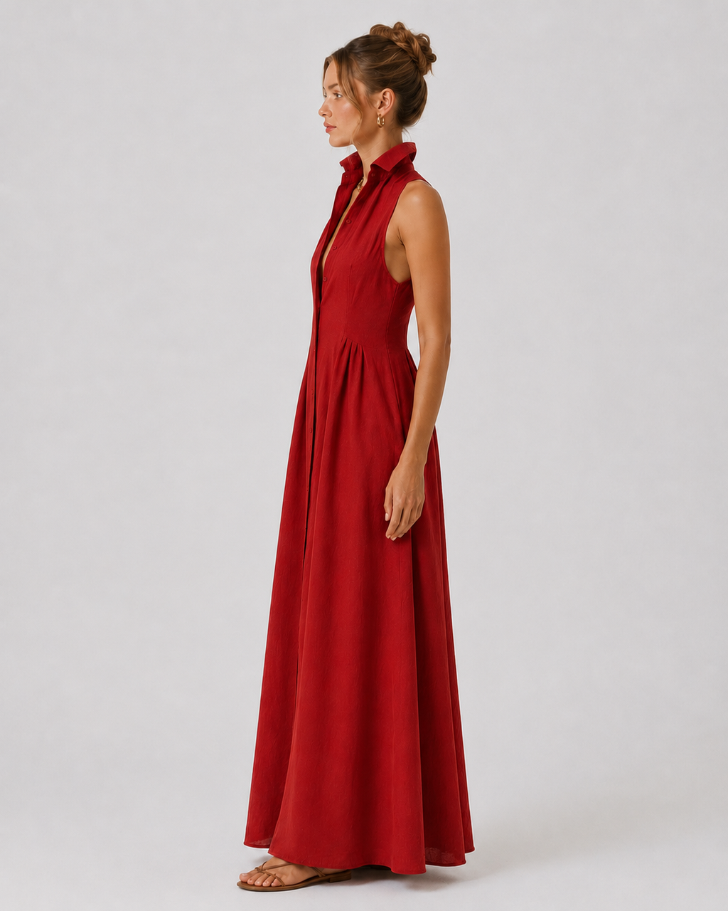 Celeste Women's Sleeveless Collared Linen Maxi Shirt Dress
