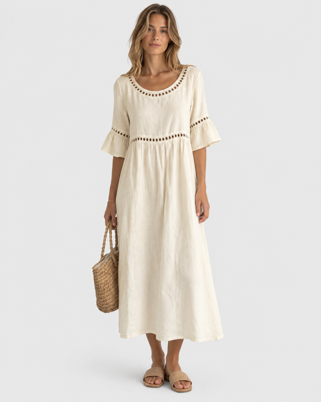 Amara Hollow Out Flared Sleeve Linen Midi Dress