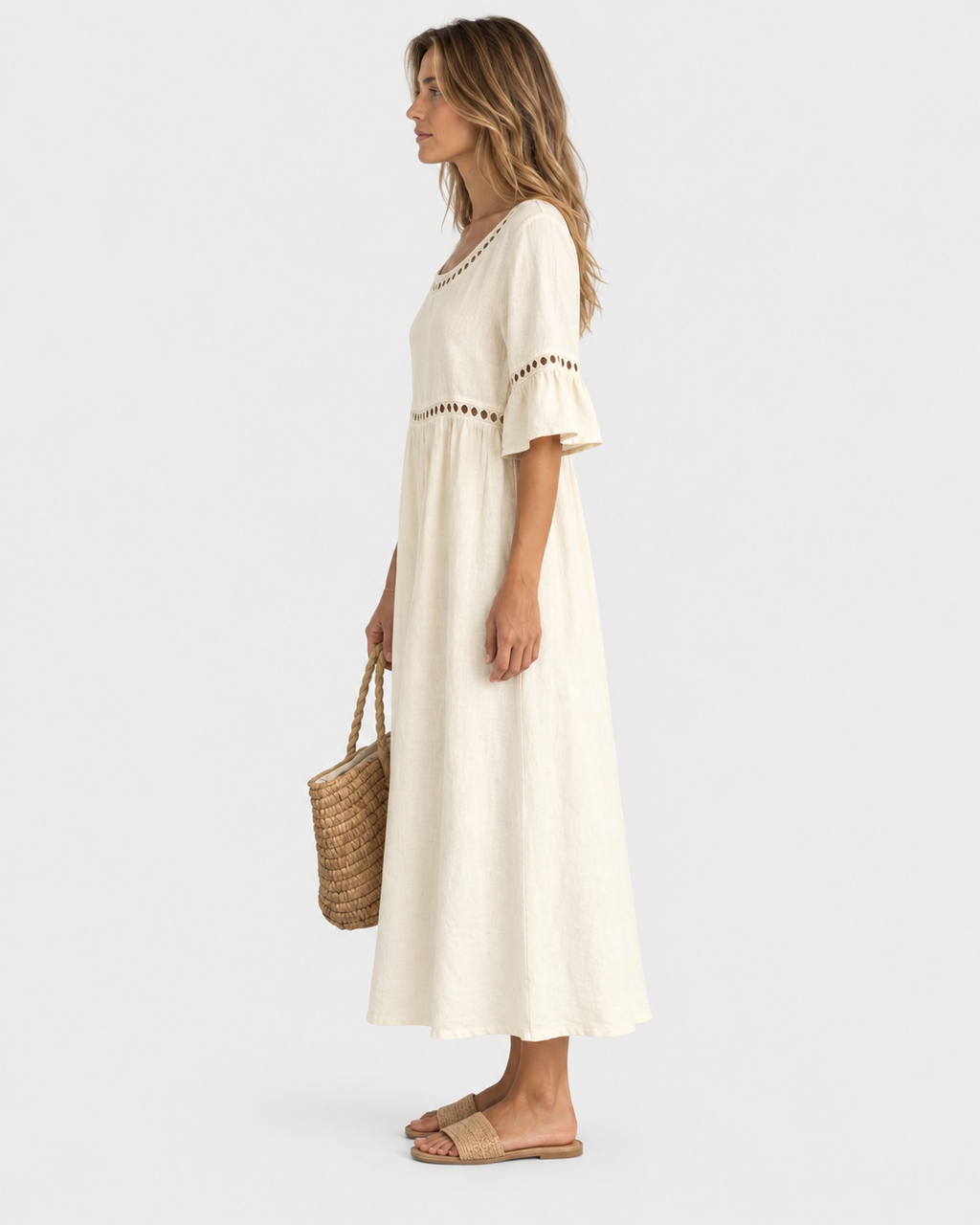 Amara Hollow Out Flared Sleeve Linen Midi Dress