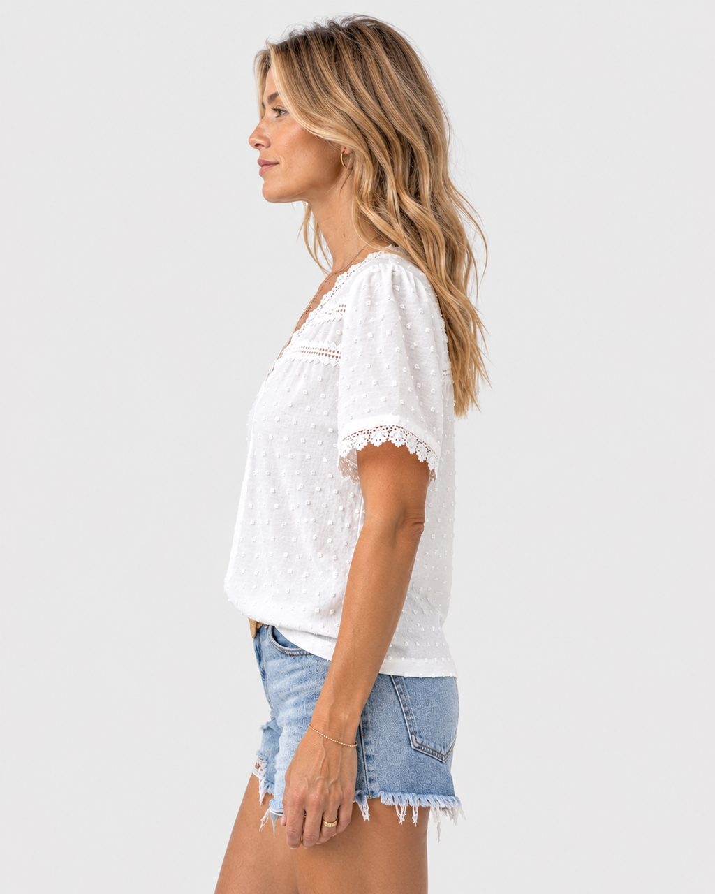 Isla Lace Trim Swiss Dot V-Neck Blouse