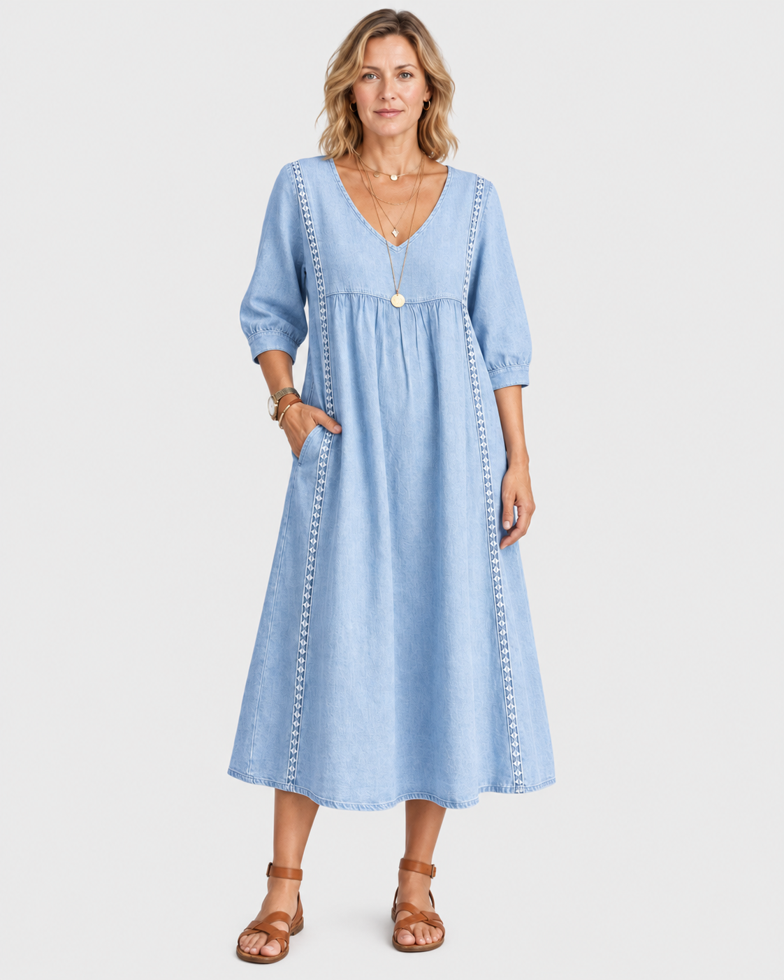 Sophia Lace Trim V-Neck Linen Midi Dress