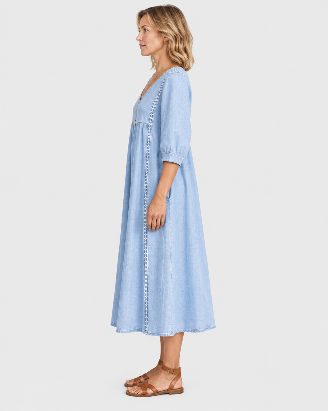 Sophia Lace Trim V-Neck Linen Midi Dress