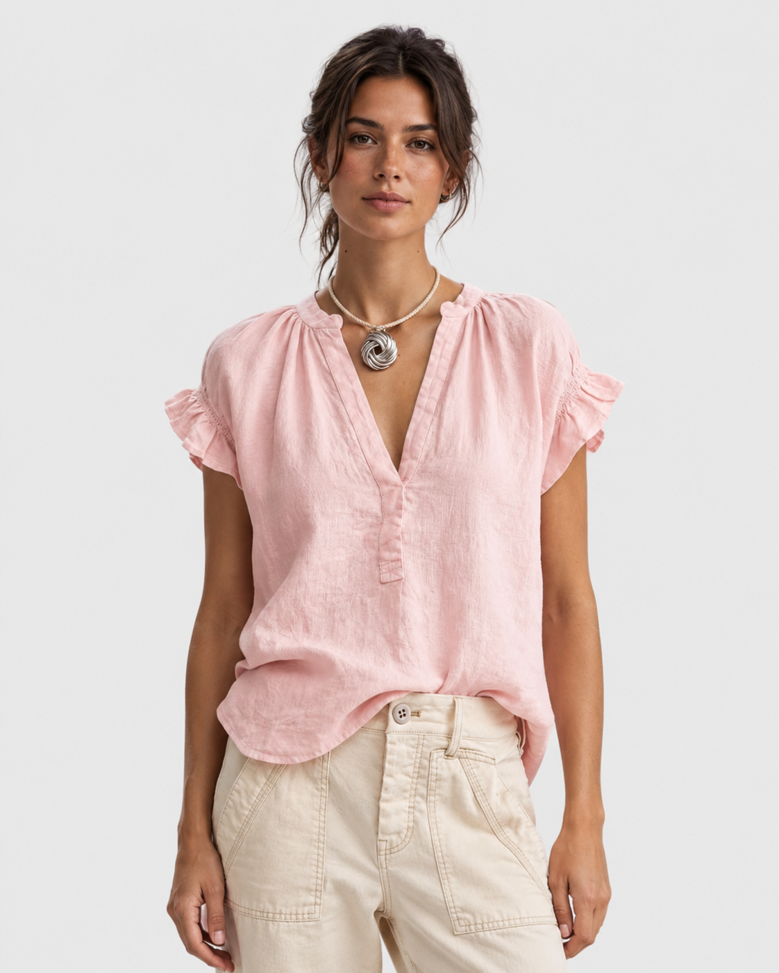 Charlotte Ruffle Sleeve V-Neck Linen Blouse