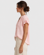 Charlotte Ruffle Sleeve V-Neck Linen Blouse