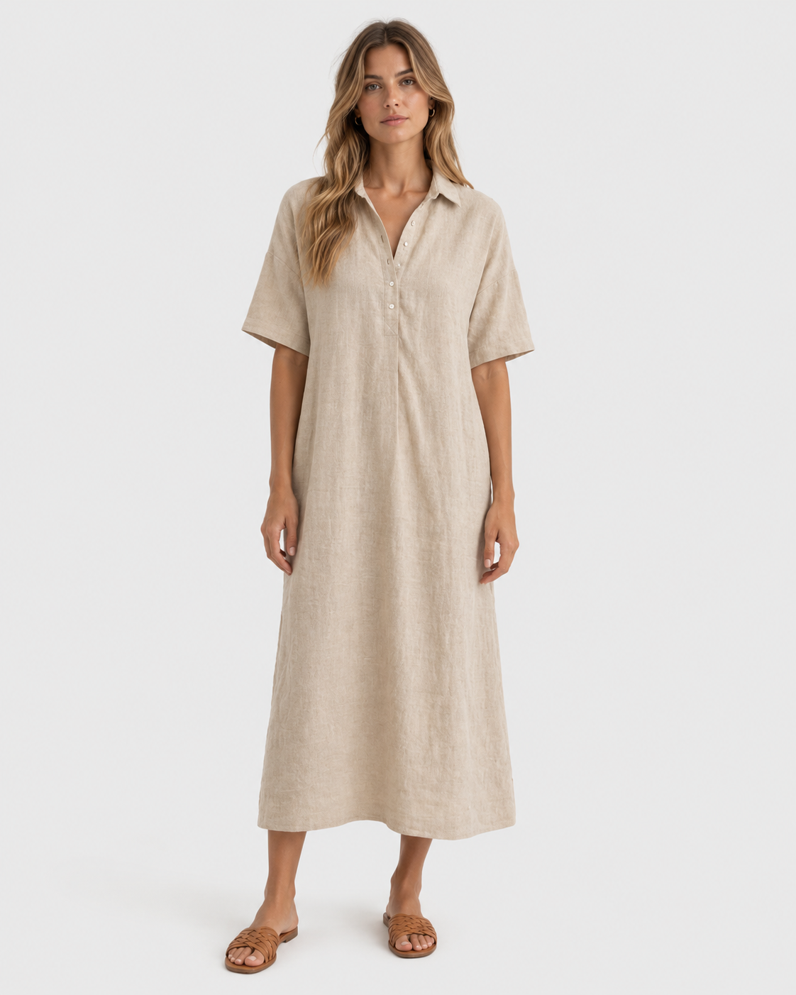 Zara Relaxed Linen Collared Midi Dress