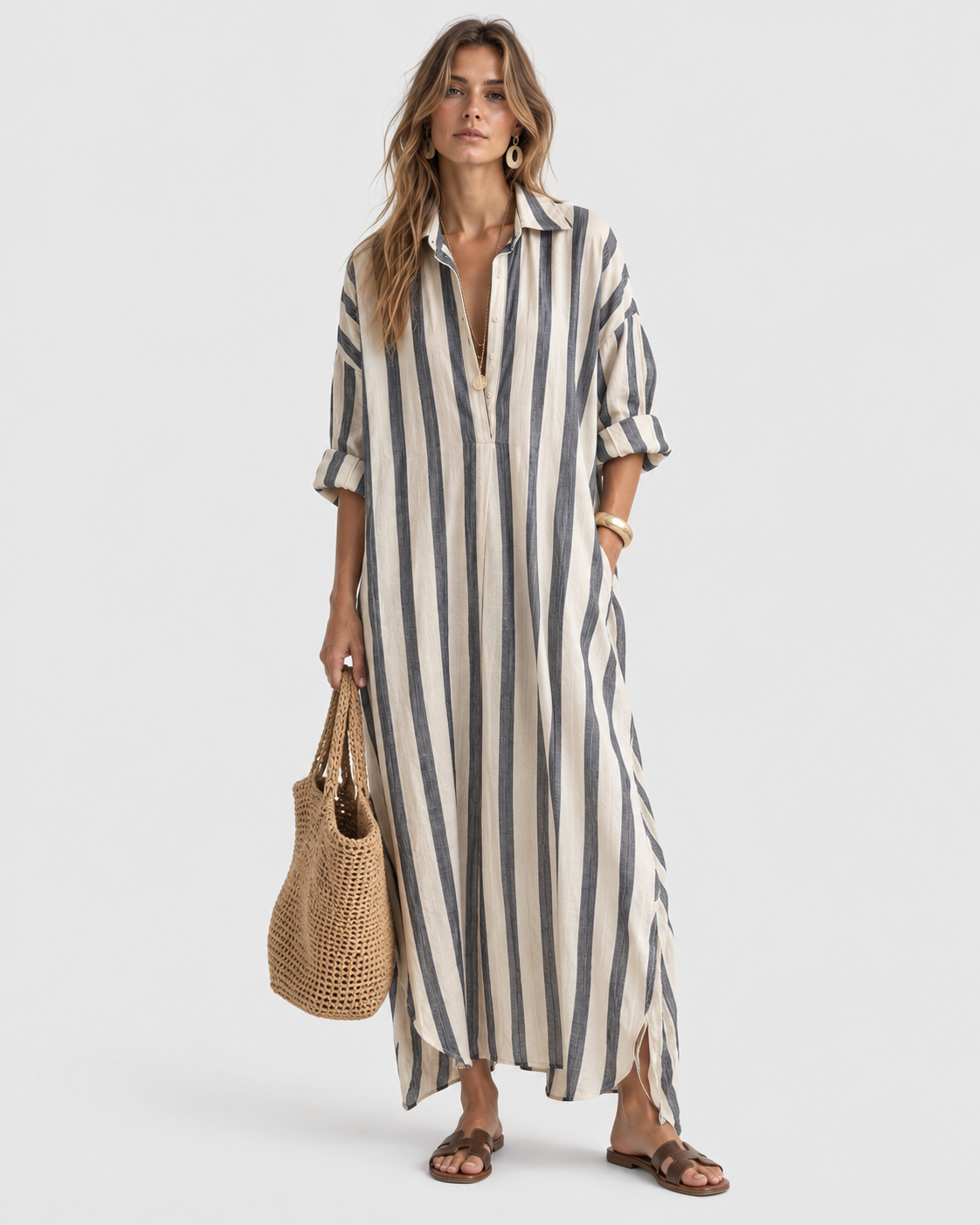 Astrid Striped Linen Long Sleeve Maxi Dress
