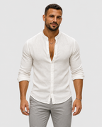 Asher Linen Grandad Collar Long Sleeve Shirt