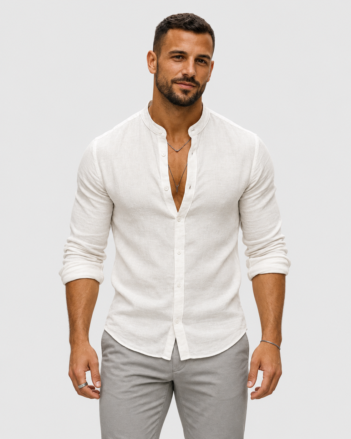 Asher Linen Grandad Collar Long Sleeve Shirt