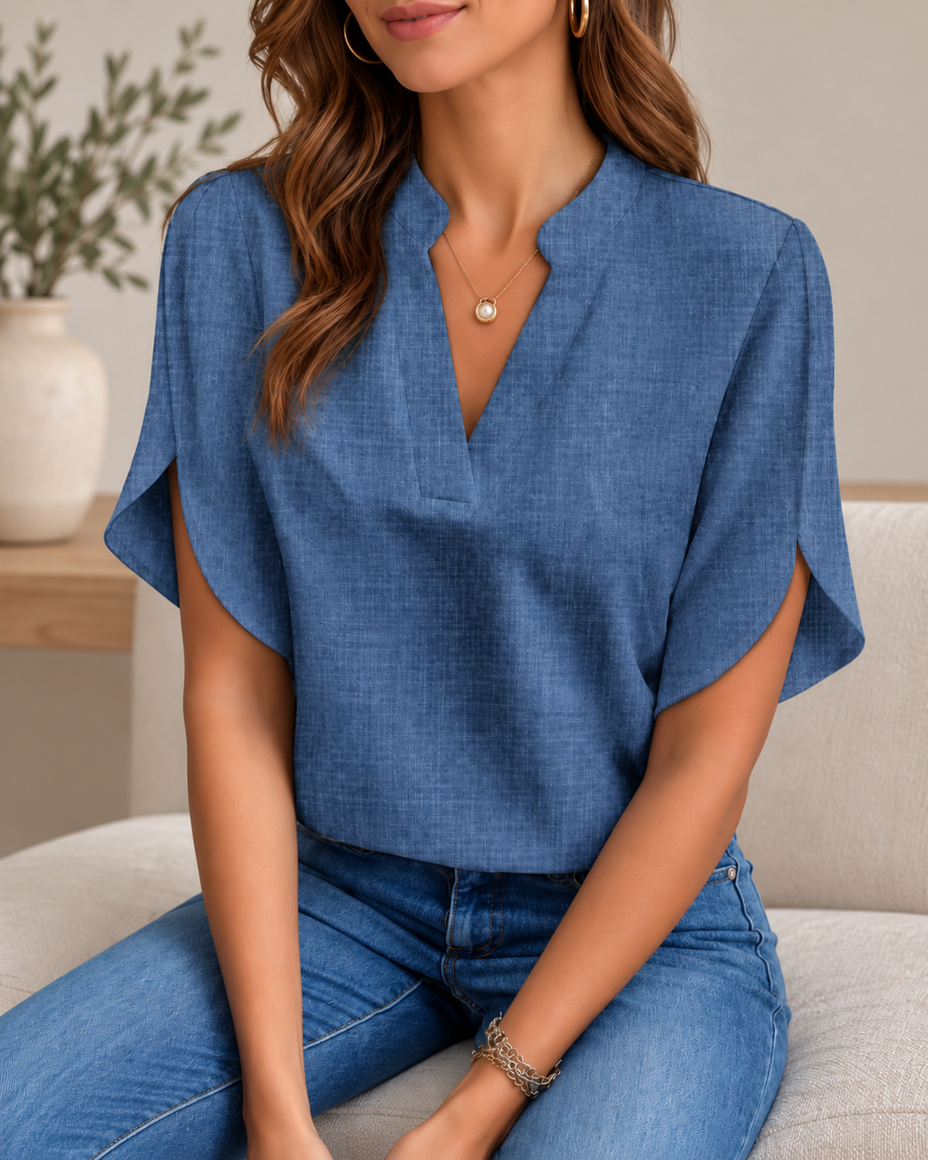 Celeste Chiffon V-Neck Short Sleeve Blouse