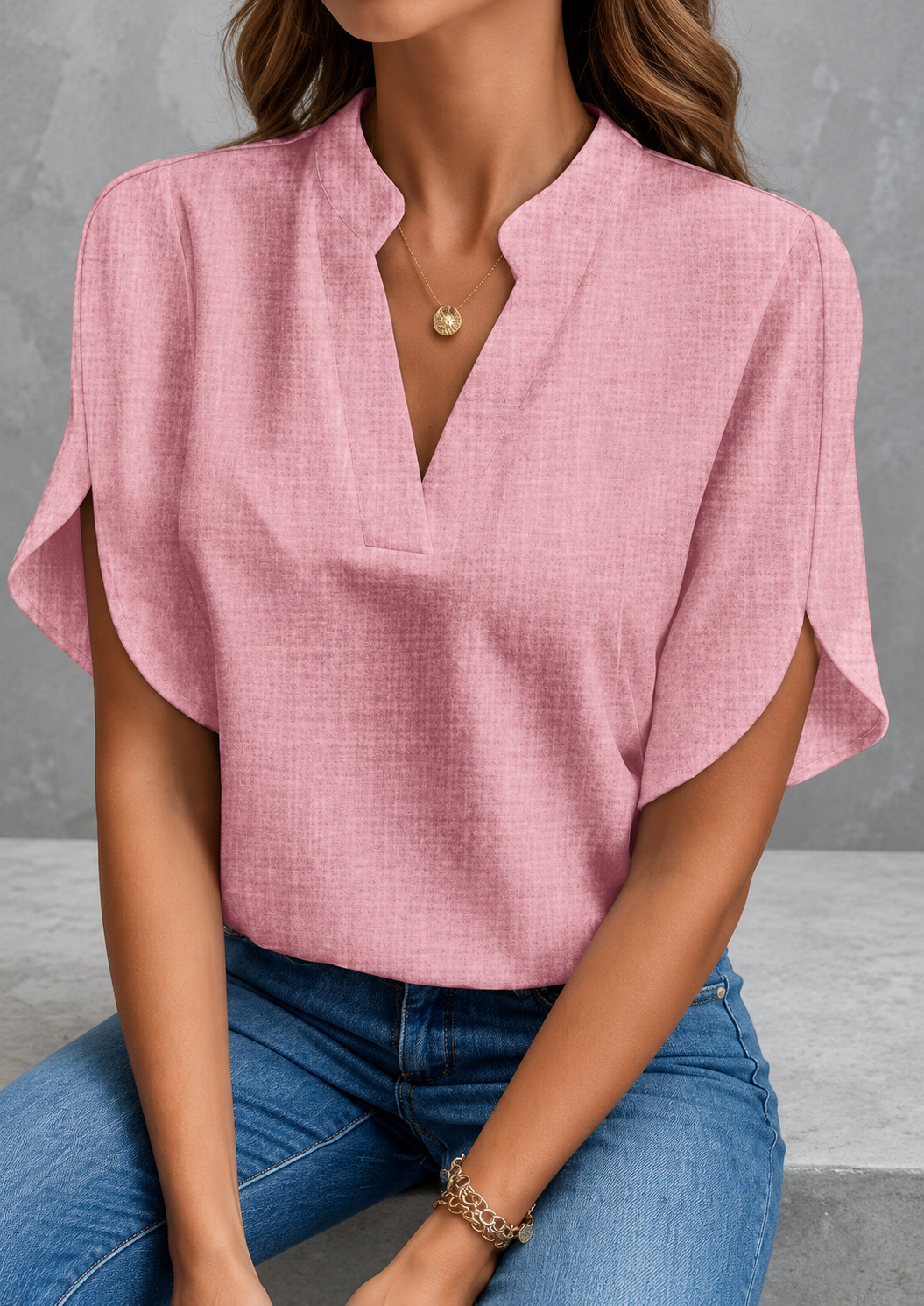Celeste Chiffon V-Neck Short Sleeve Blouse