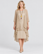 Evelyn Layered Chiffon Lace Overlay Midi Dress