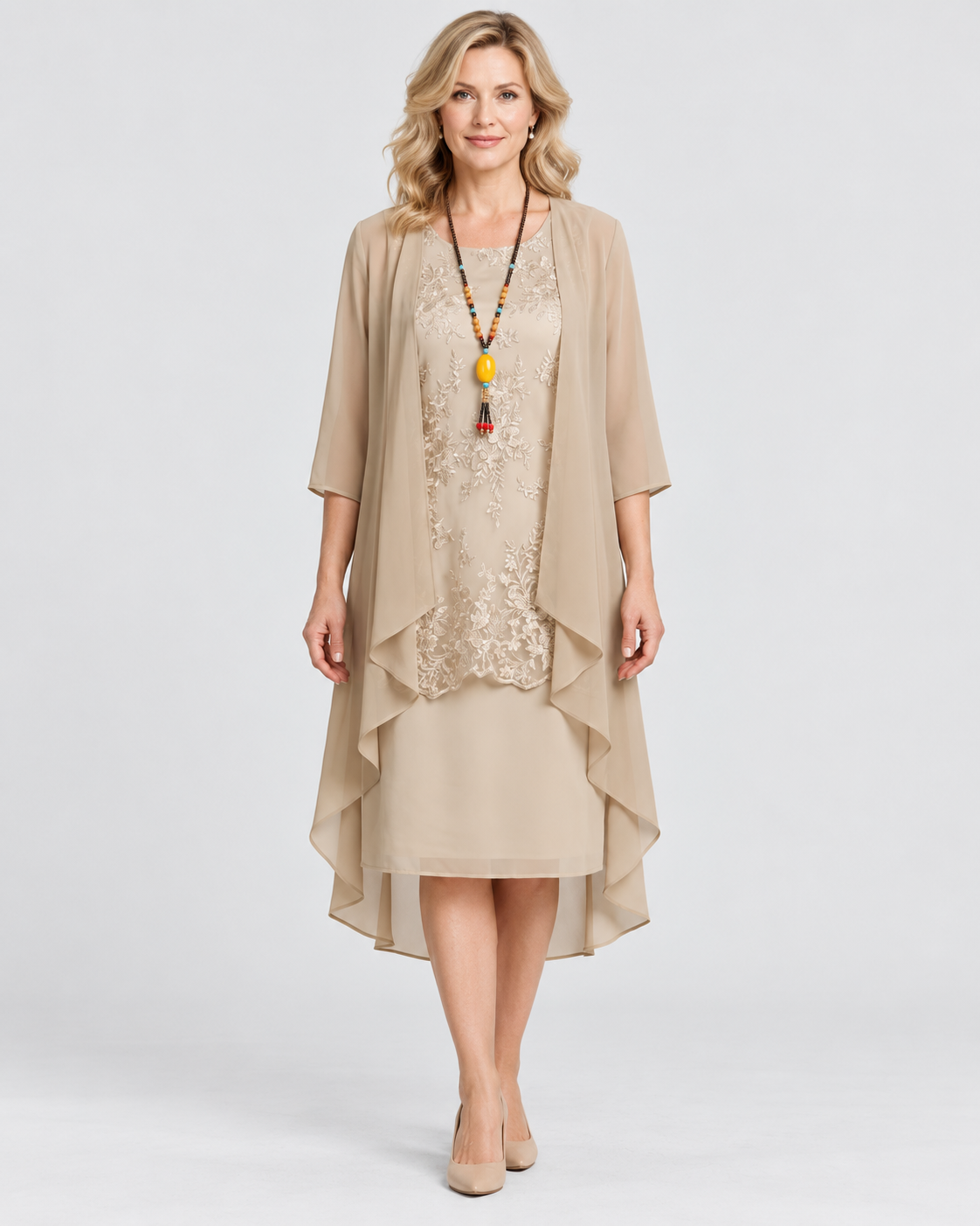 Evelyn Layered Chiffon Lace Overlay Midi Dress