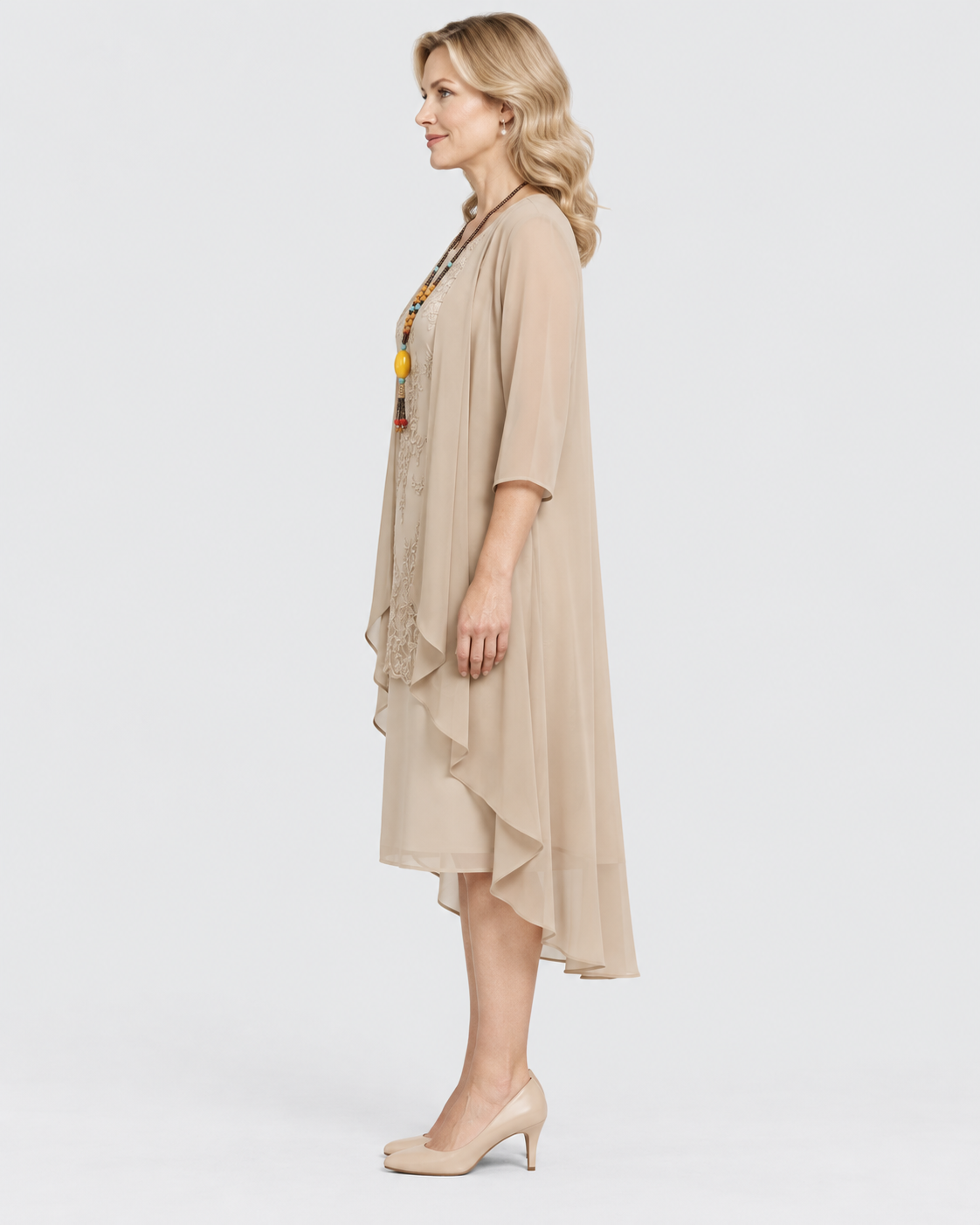 Evelyn Layered Chiffon Lace Overlay Midi Dress