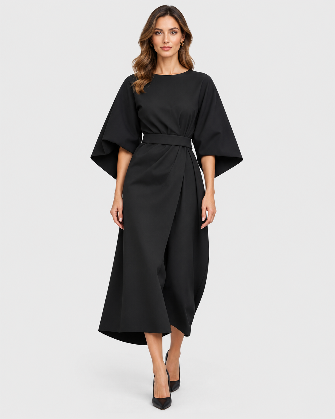 Isobel Belted Lantern Sleeve Midi Dress