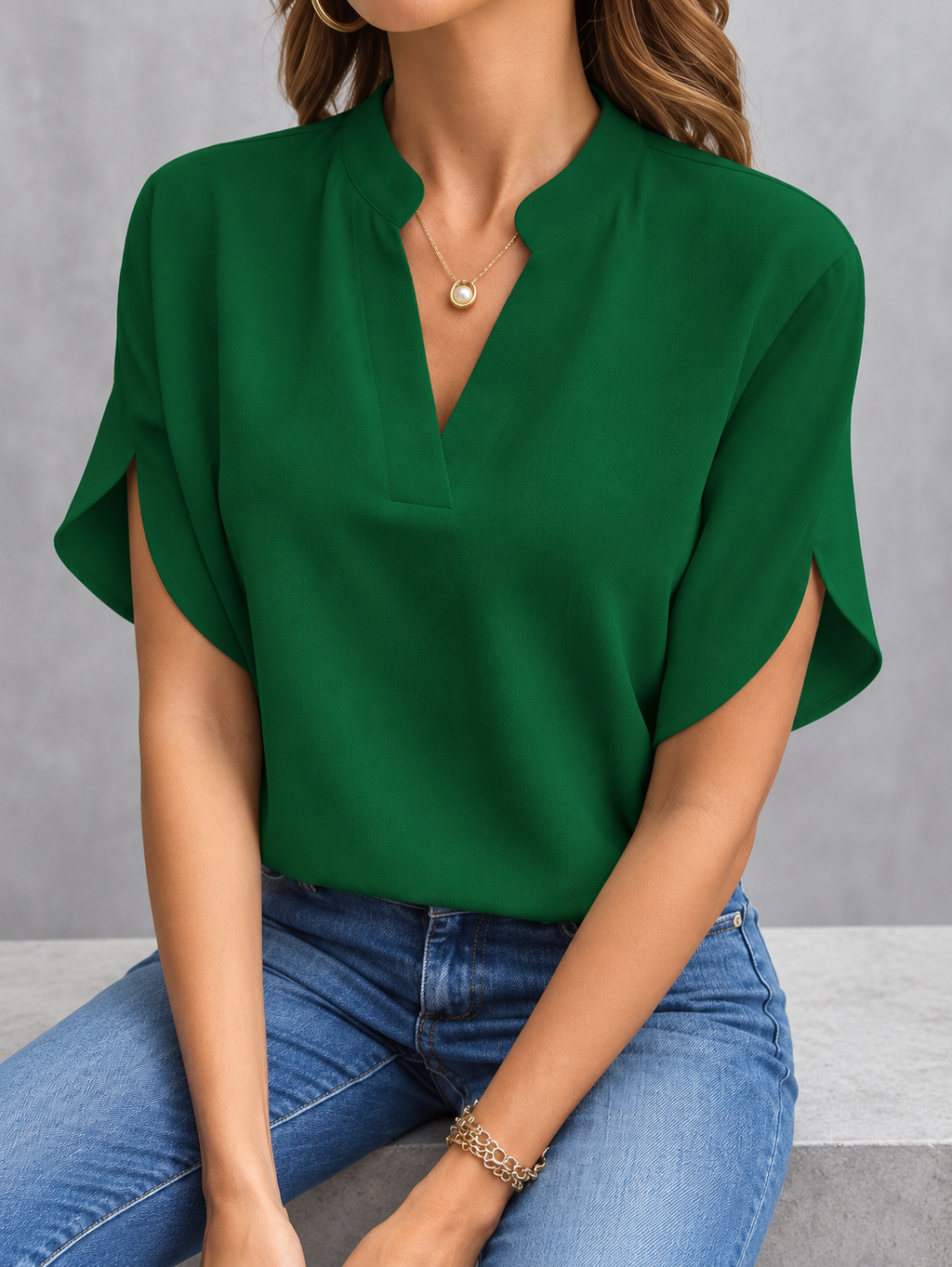 Celeste Chiffon V-Neck Short Sleeve Blouse