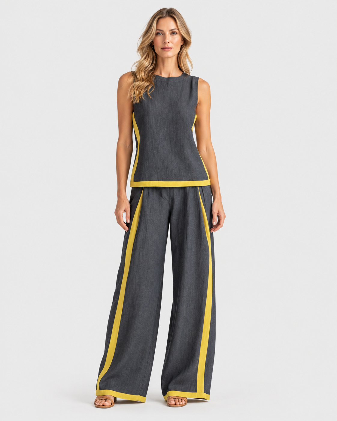 Genevieve Sleeveless Top & Contrast Trim Wide-Leg Trouser Set