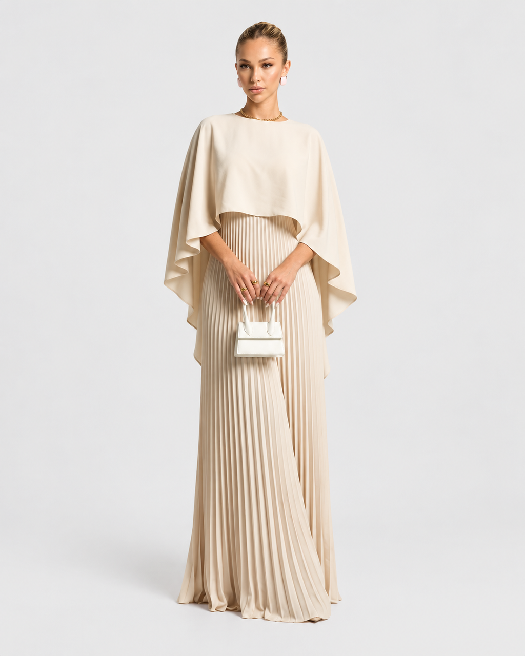 Geneva Cape Overlay Pleated Maxi Dress