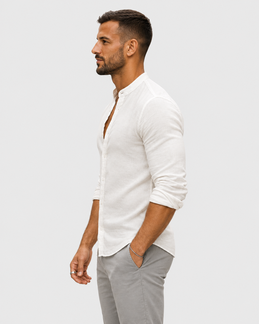 Asher Linen Grandad Collar Long Sleeve Shirt
