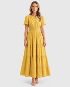 Ophelia Tiered Flutter-Sleeve Maxi Dress