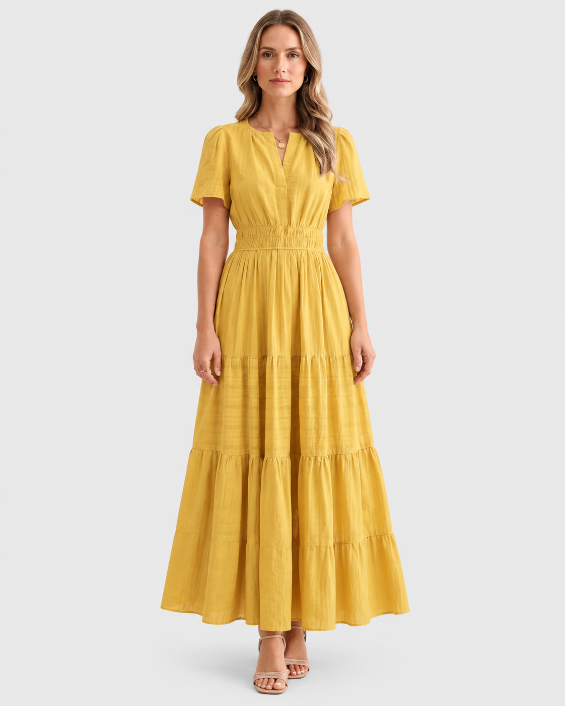 Ophelia Tiered Flutter-Sleeve Maxi Dress