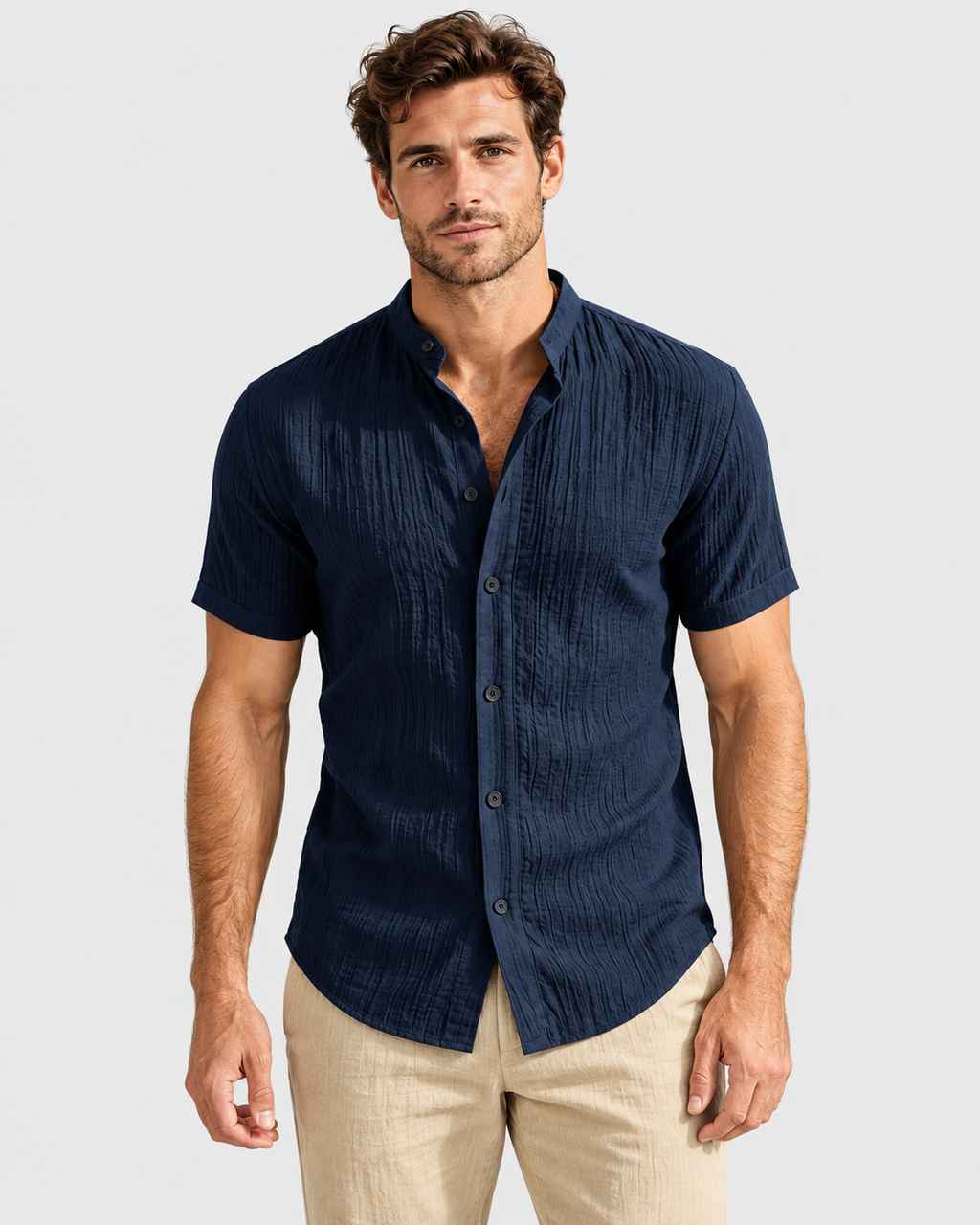 Koa Stand Collar Short Sleeve Linen Look Shirt