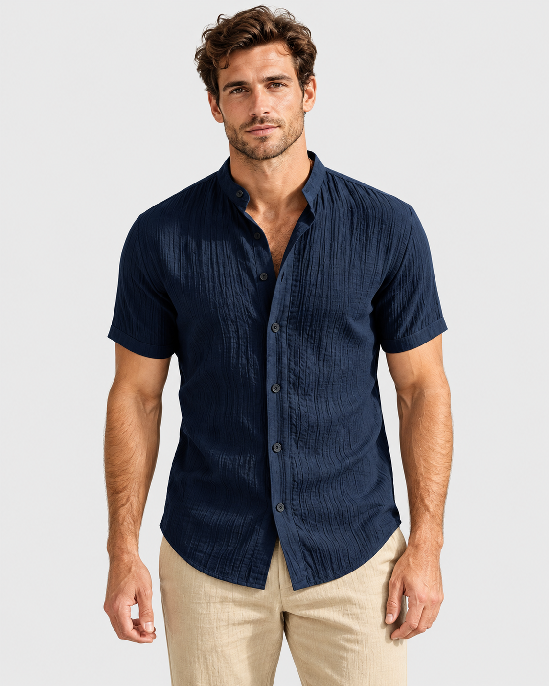 Koa Stand Collar Short Sleeve Linen Look Shirt