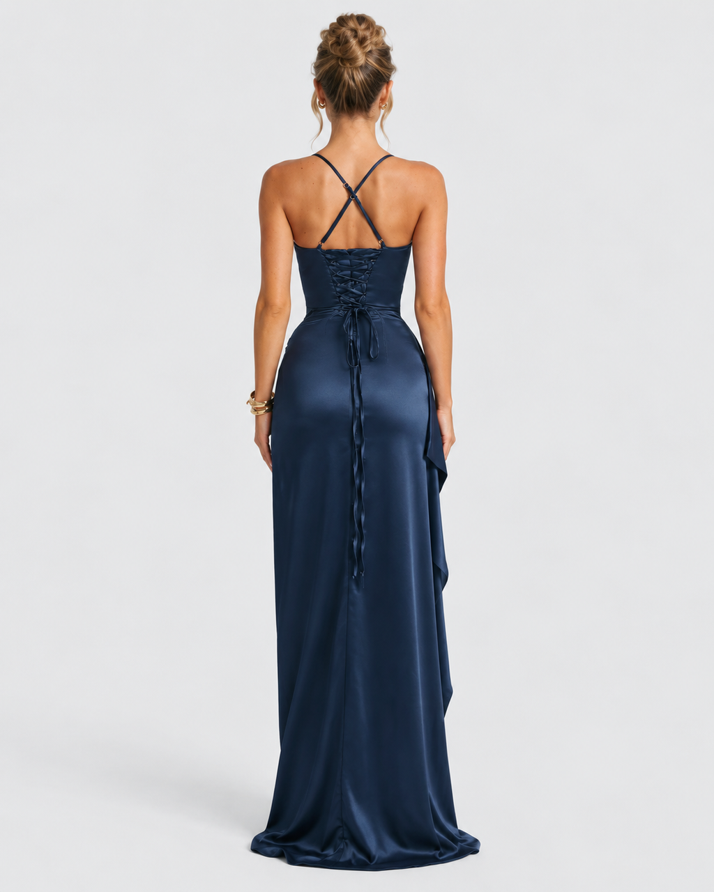 Vivienne Satin Side Split Navy Maxi Dress