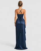 Vivienne Satin Side Split Navy Maxi Dress