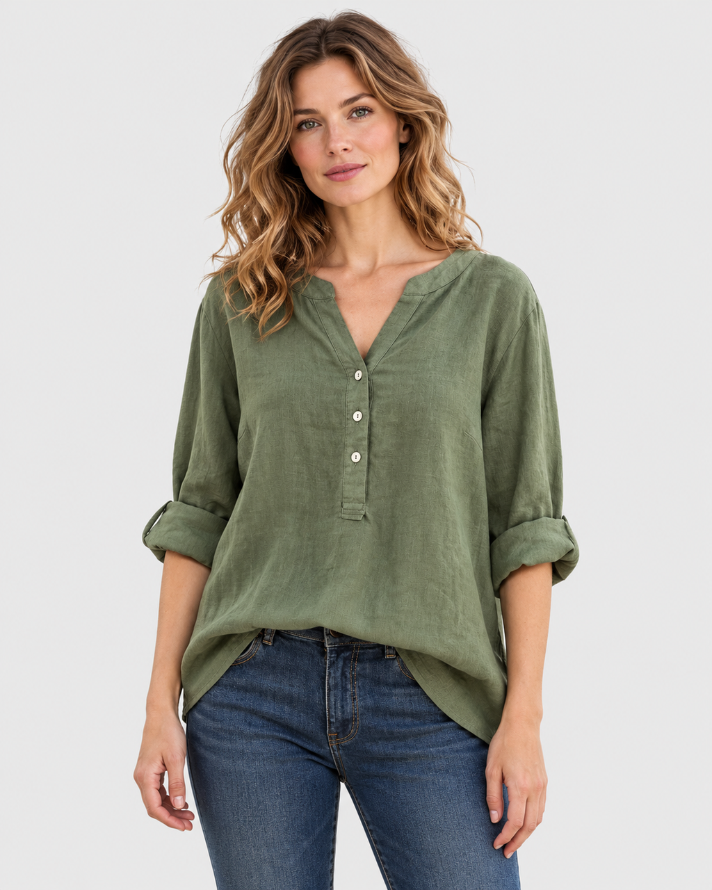 Helena Refined V-Neck Button-Front Linen Shirt