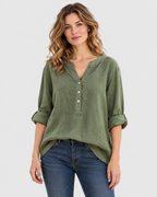 Helena Refined V-Neck Button-Front Linen Shirt