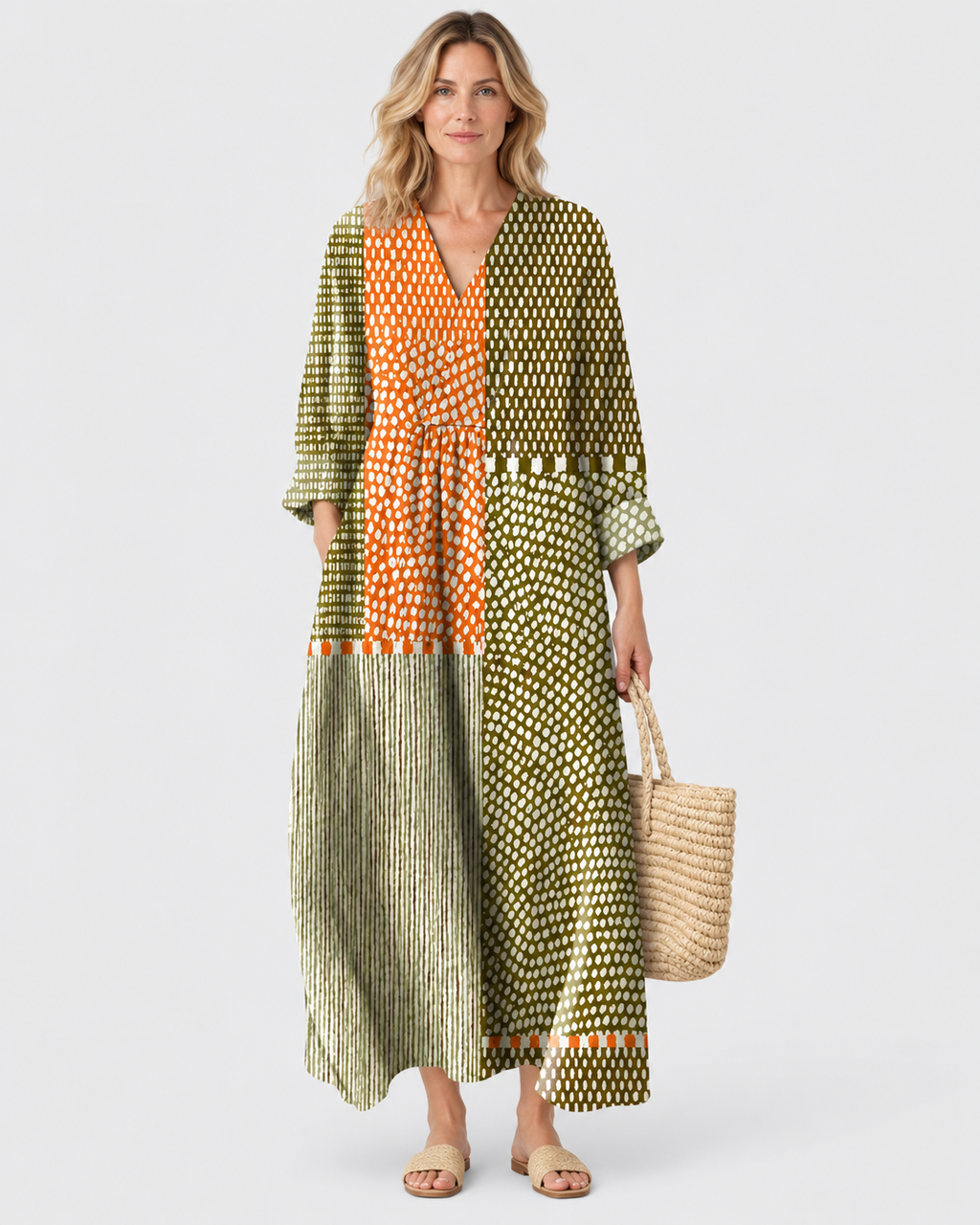 Clara Geometric Printed V-Neck Midi Dress