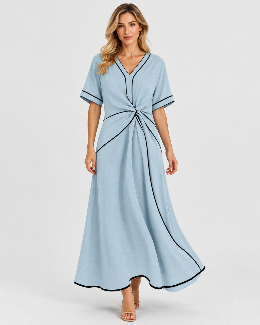 Adelaide Draped Knot Front V-Neck Midi Dress