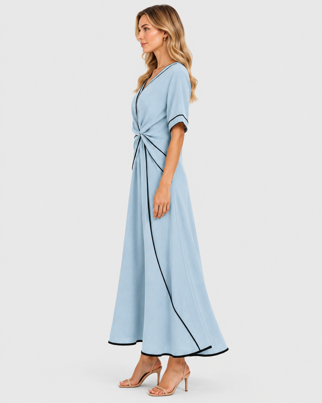 Adelaide Draped Knot Front V-Neck Midi Dress