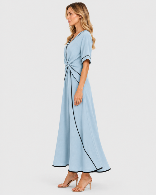 Adelaide Draped Knot Front V-Neck Midi Dress