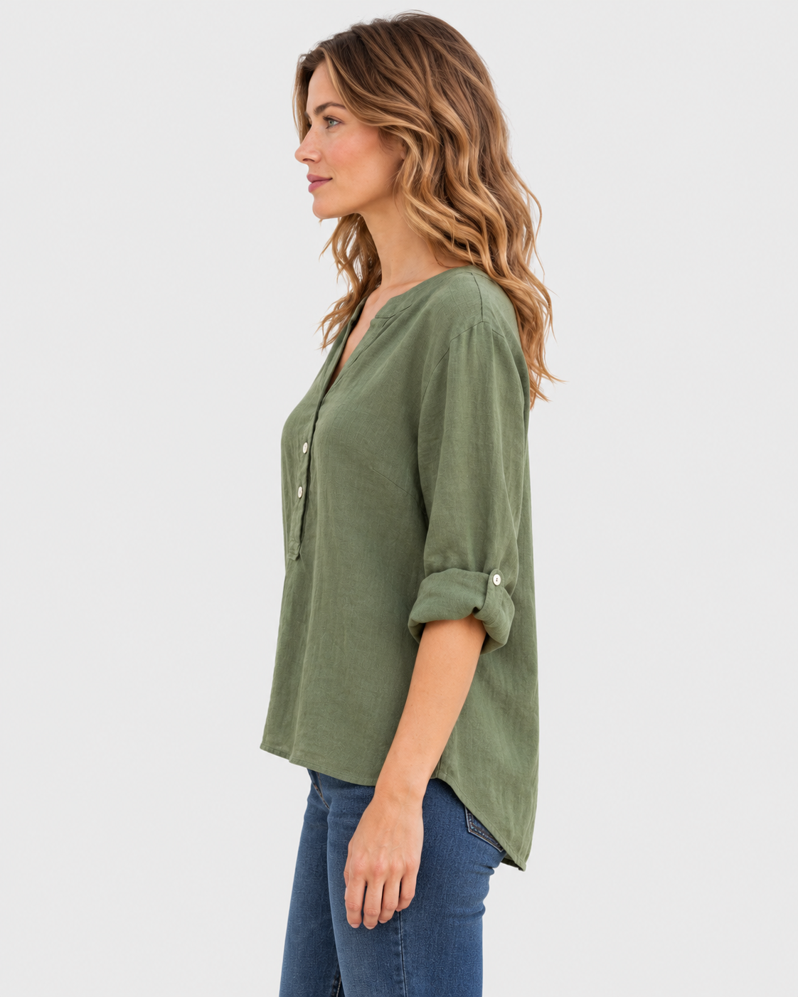 Helena Refined V-Neck Button-Front Linen Shirt