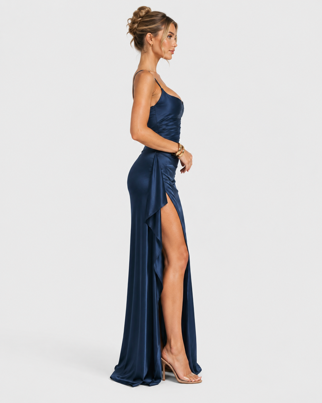 Vivienne Satin Side Split Navy Maxi Dress