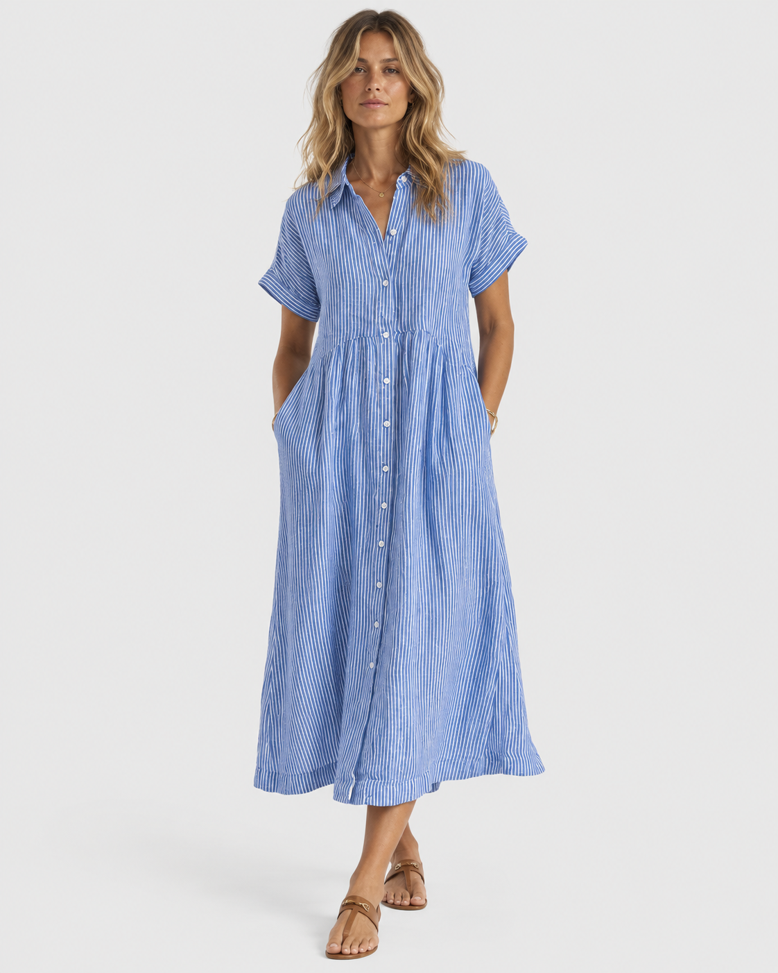 Audrey Striped Short Sleeve Summer Shirt Dress