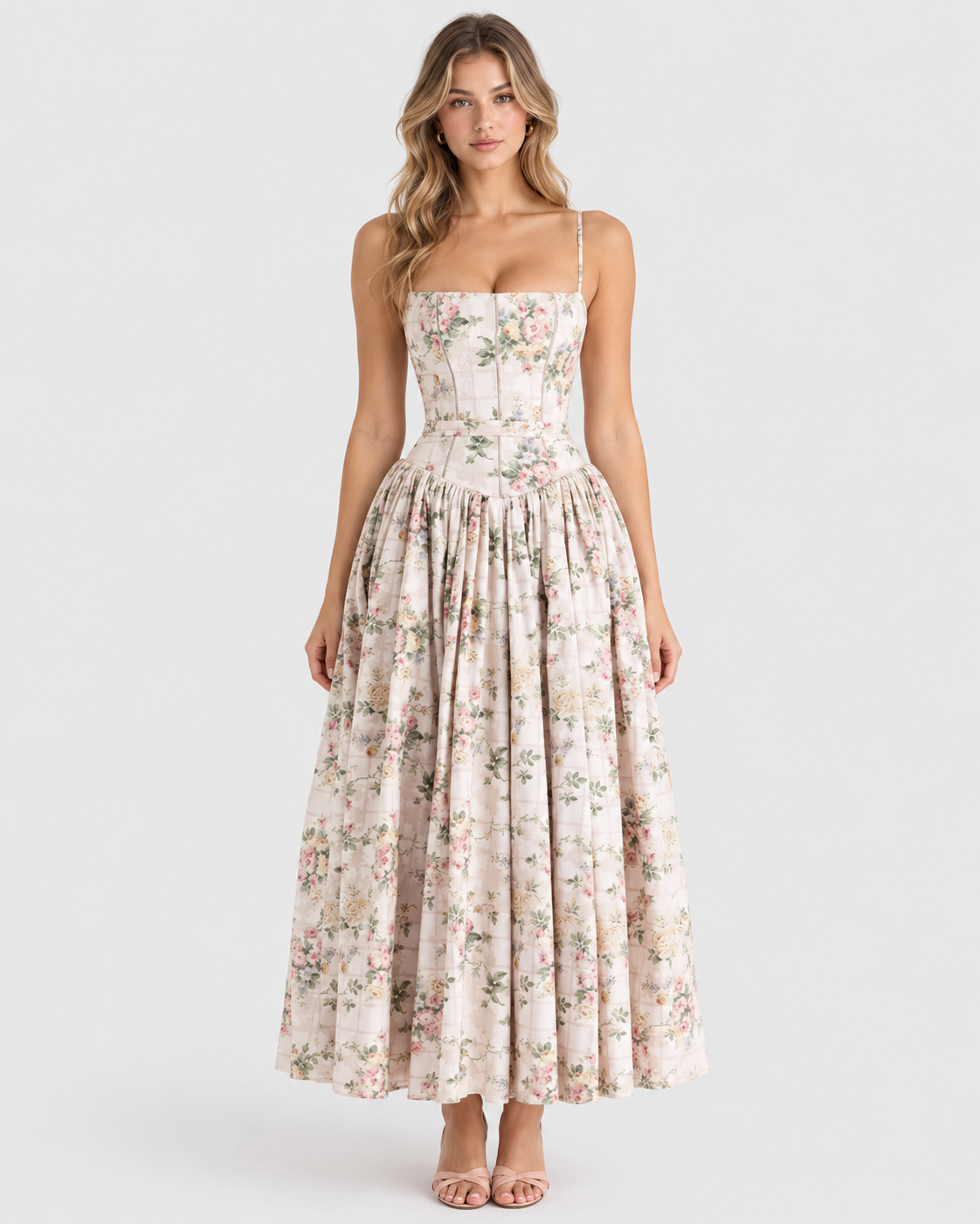 Aria Floral Print Corset Midi Dress