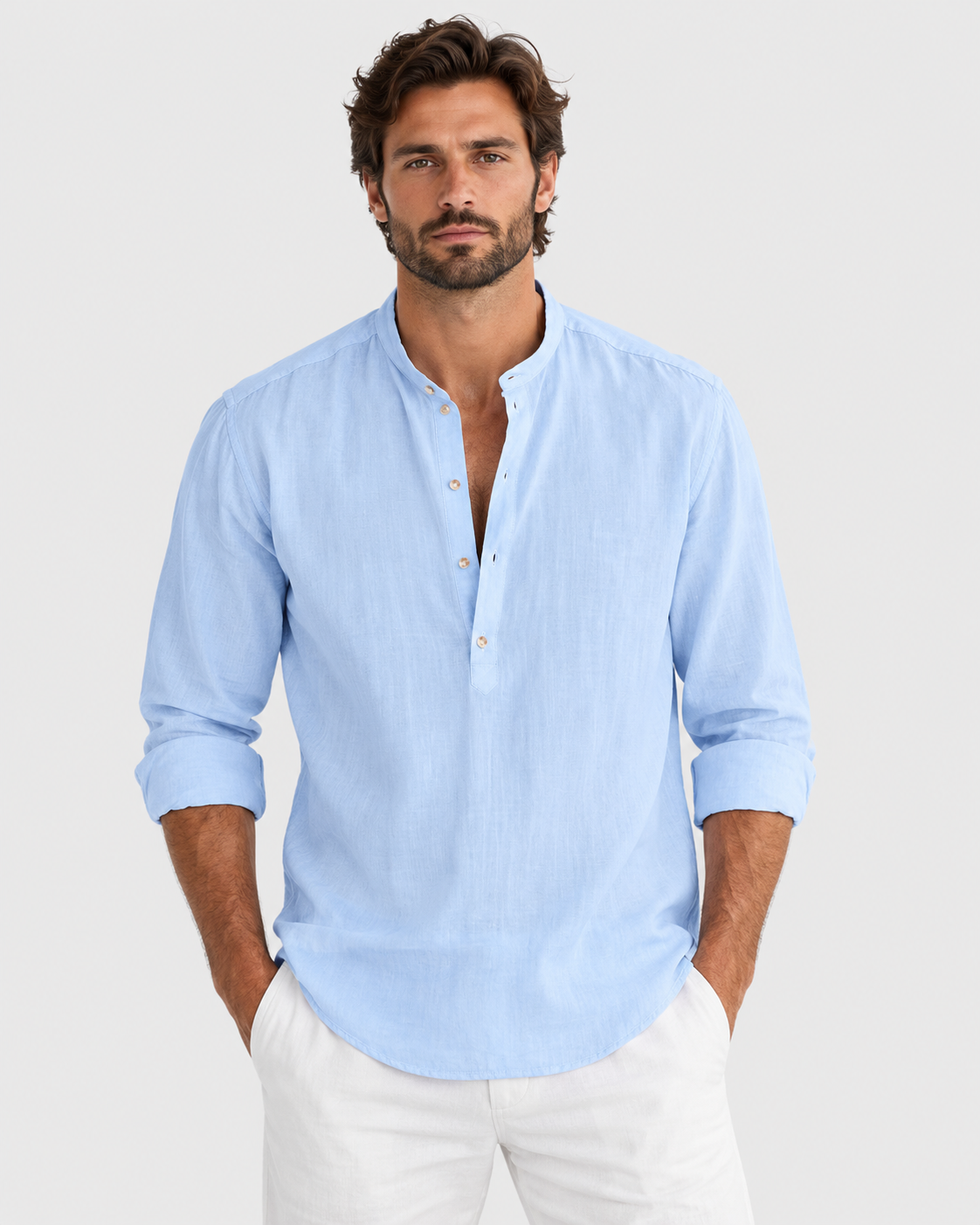 Koa Stand Collar Linen Look Henley Shirt