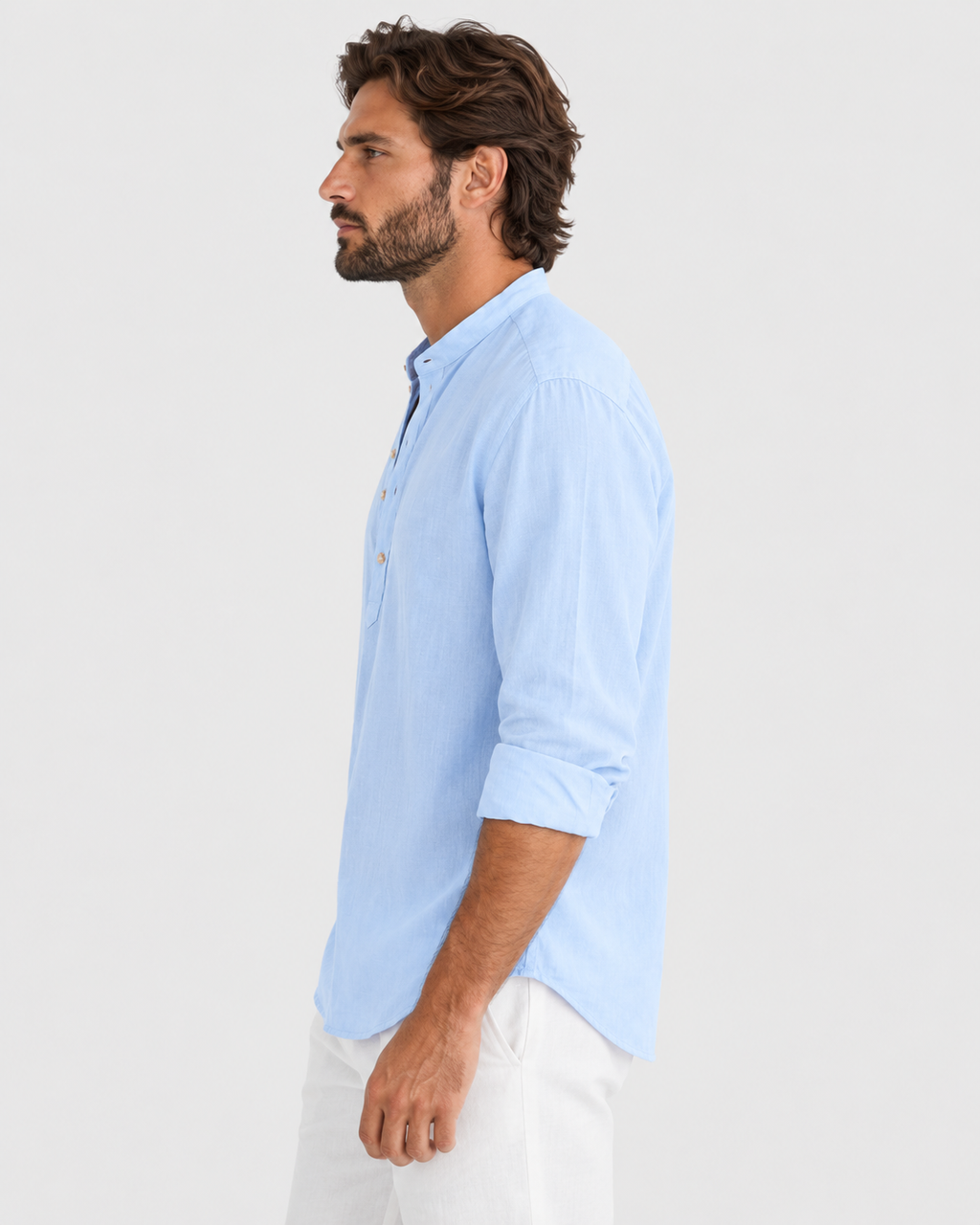 Koa Stand Collar Linen Look Henley Shirt