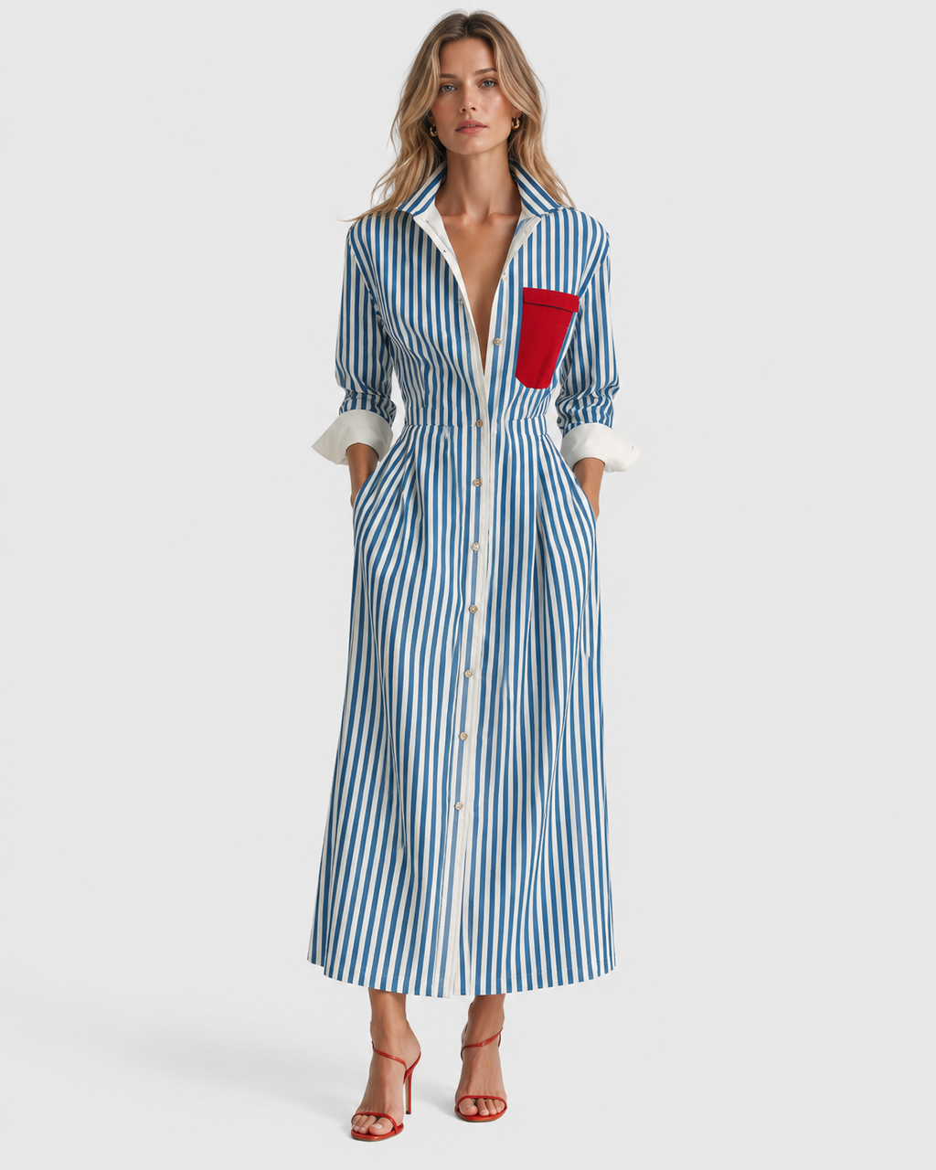 Isobel Striped Pocket Casual Summer Maxi Shirt Dress