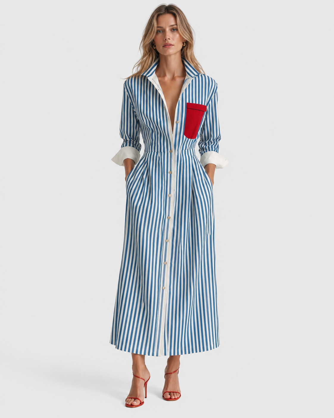 Isobel Striped Pocket Casual Summer Maxi Shirt Dress