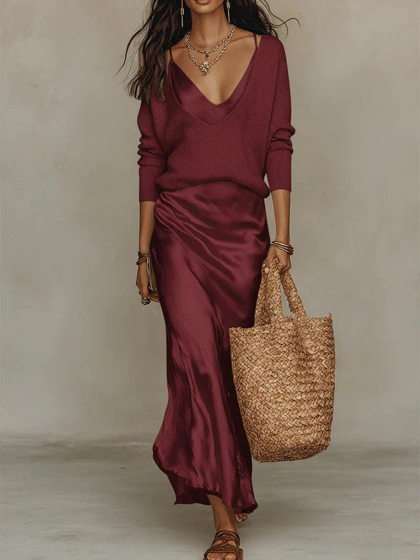 Aria Satin Midi Set with Coordinating Knit