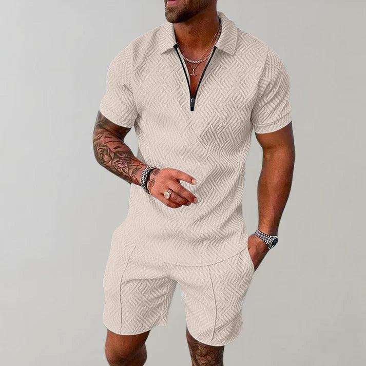 Casual Zip Polo Shirt and Shorts Set for Men